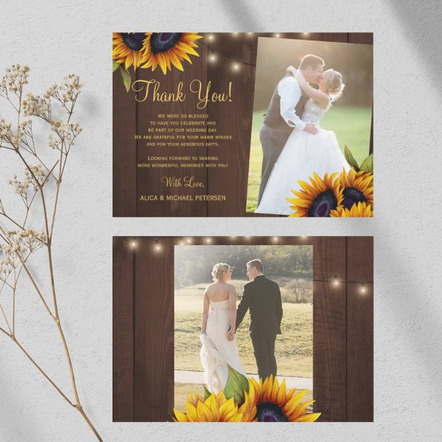 Carte De Remerciements 2 photos tournesols rustiques grange bois mariage (Créateur téléchargé)