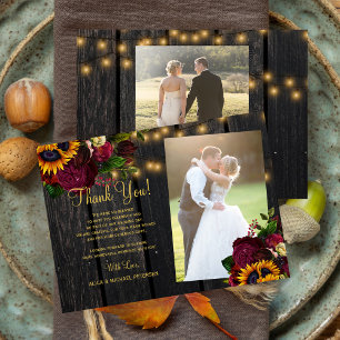 Carte De Remerciements 2 photos tournesols rustiques mariage rose bois