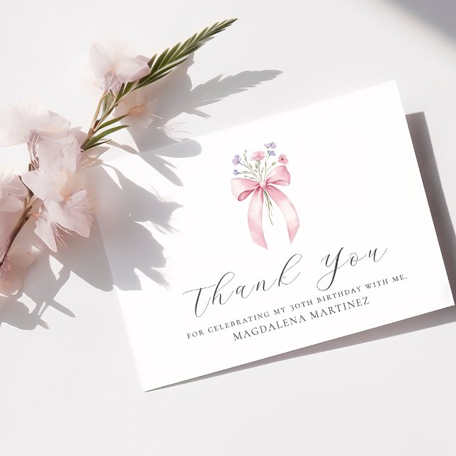 Carte De Remerciements 30e anniversaire Pink Bow Fleur sauvage plat (Créateur téléchargé)