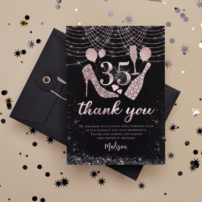 Carte De Remerciements 35e anniversaire Rose Gold & Black Parties scintil (Créateur téléchargé)