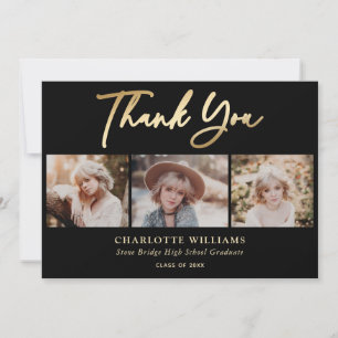 Carte De Remerciements 3 Collage photo Moderne Black Gold Graduation