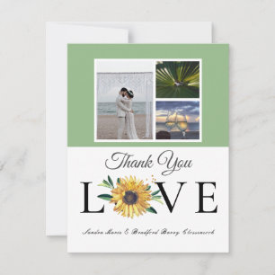 Carte De Remerciements 3 Photo collage Tournesol Vert Jaune Mariage