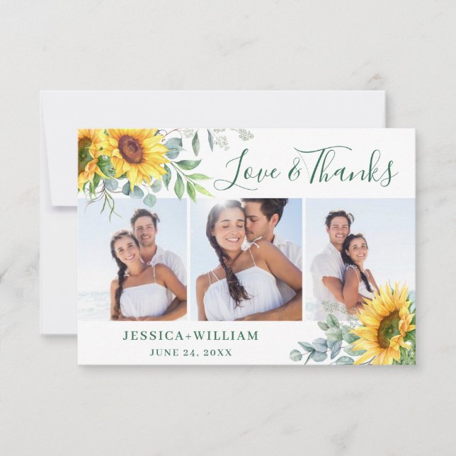 Carte De Remerciements 3 PHOTO tournesol Eucalyptus Rustique Mariage (Devant)