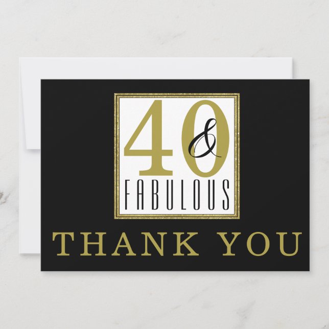 Carte De Remerciements 40 & Fabuleux 40e anniversaire fête Black Gold (Devant)