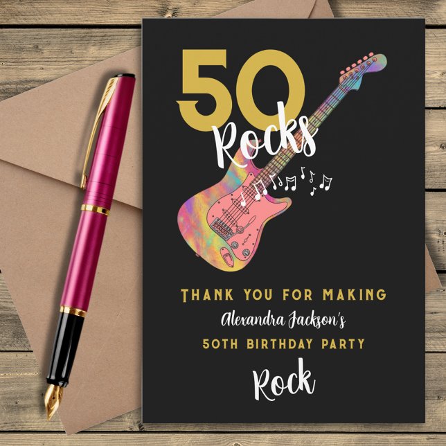 Carte De Remerciements 50 Rocks Rose Black Gold 50e fête d'anniversaire (50 Rocks cool pink guitar black and gold 50th birthday party thank you card)