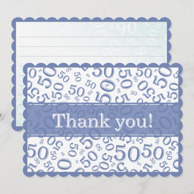 Carte De Remerciements 50 "Thank you!" Blue/White Random Number Pattern (Devant / Derrière)