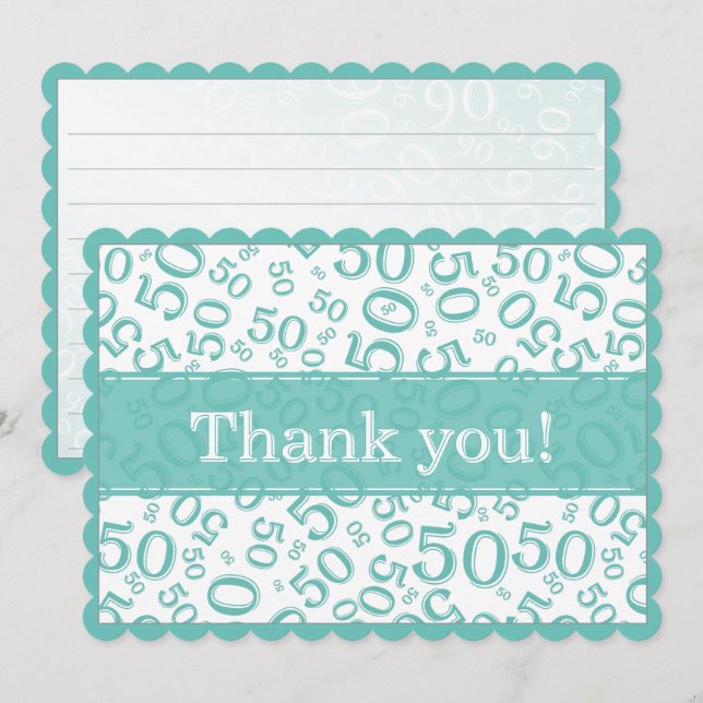 Carte De Remerciements 50 "Thank you!" Teal/White Random Number Pattern (Devant / Derrière)