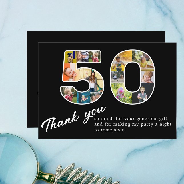 Carte De Remerciements 50e anniversaire Black Photo Collage (Personalized 50th birthday photo collage thank you card.)