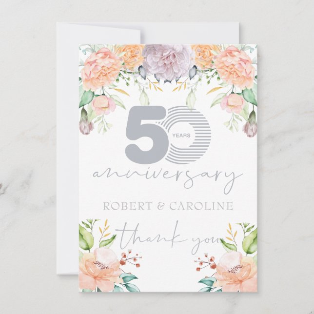 Carte De Remerciements 50e Anniversaire de Mariage Remerciements Floraux (Devant)
