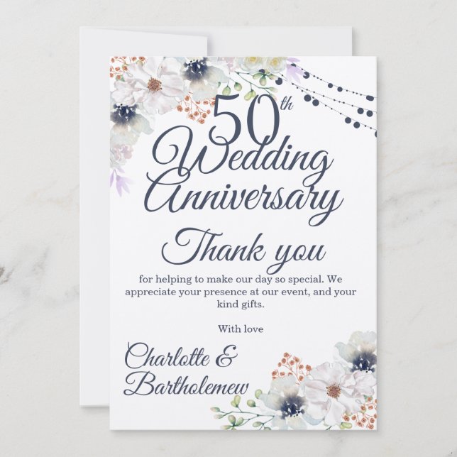 Carte De Remerciements 50e anniversaire de Mariage Rustique Floral Kraft (Devant)
