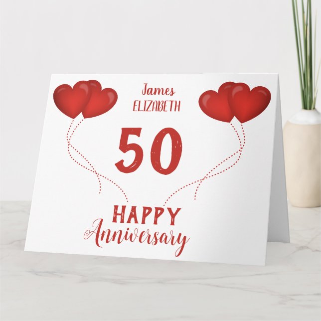 Carte De Remerciements 50e anniversaire du mariage ballons à coeur rouge (Devant)
