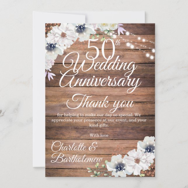Carte De Remerciements 50e anniversaire du Mariage Floral rustique (Devant)