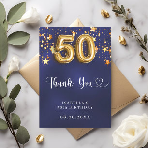 Carte De Remerciements 50e anniversaire marine bleu or étoiles