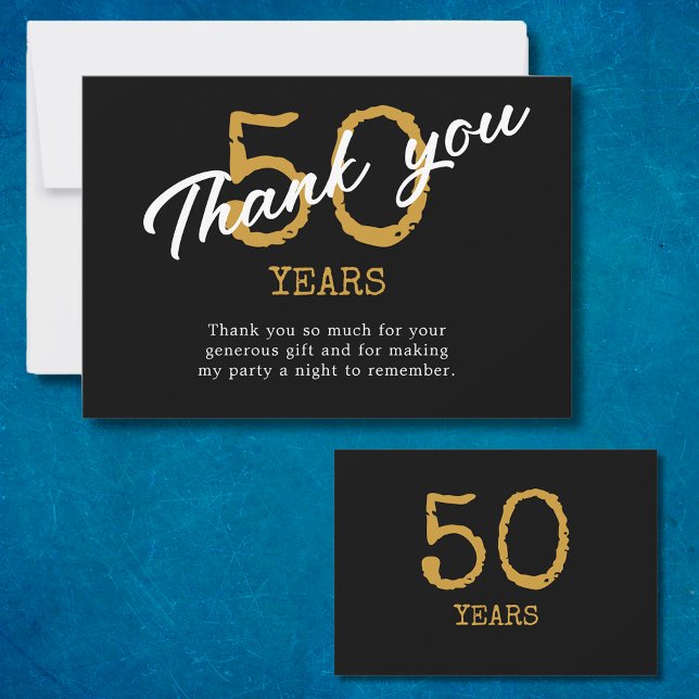 Carte De Remerciements 50e anniversaire Retro Noir et Or (50th Birthday Retro Black And Gold Thank You Card
)