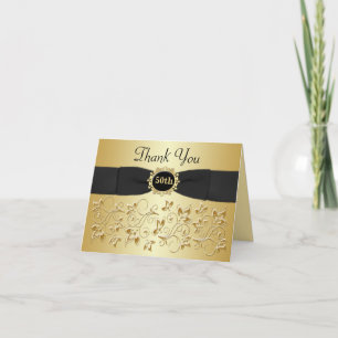Carte De Remerciements 50e Anniversary Black Gold Floral Thank