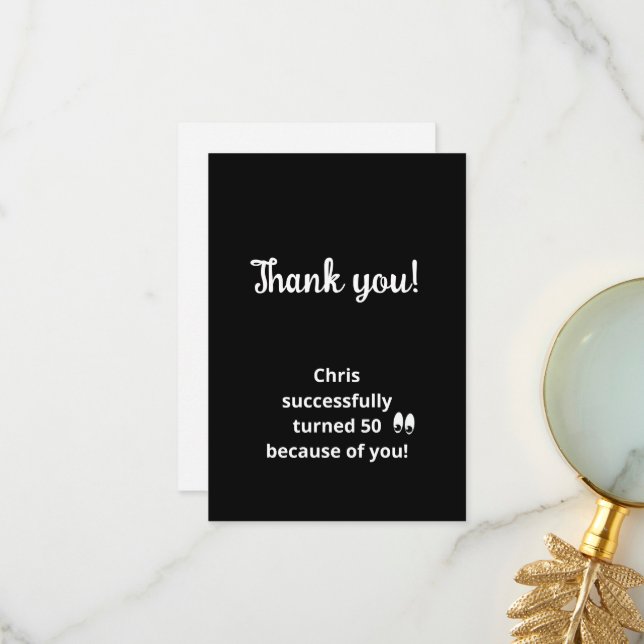 Carte De Remerciements 50e fête d'anniversaire Noir Blanc (Devant/Arrière en situation)