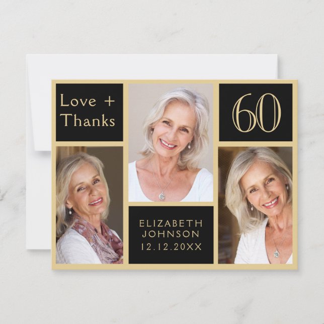 Carte De Remerciements 60e anniversaire Black Gold Photo Collage (Devant)