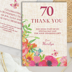 Carte De Remerciements 70e Anniversaire Bold Floral Linen Remerciement