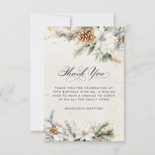 Carte De Remerciements 70e anniversaire Hiver Blanc Floral vert (Devant)