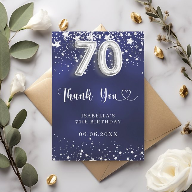 Carte De Remerciements 70e anniversaire marine bleu argent étoiles (Créateur téléchargé)