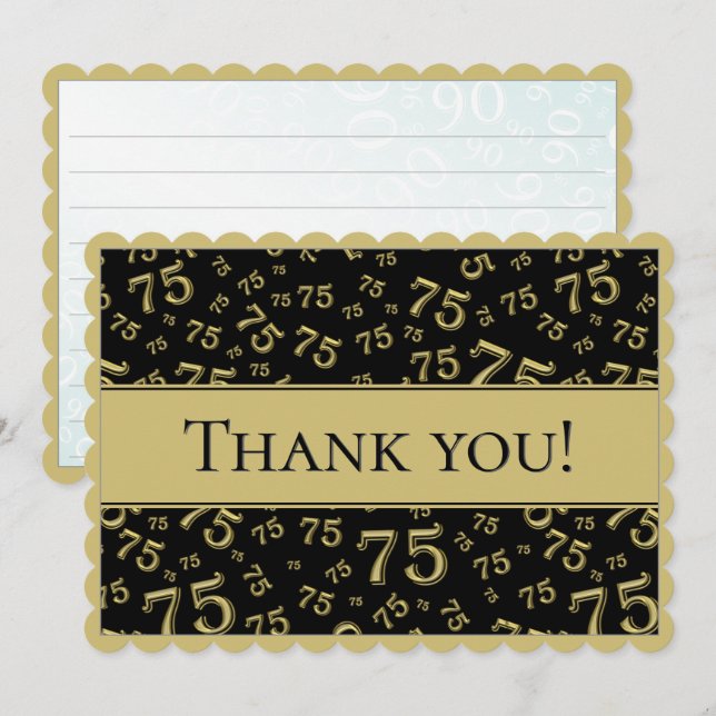 Carte De Remerciements 75 "Thank you!" Black/Gold Number Pattern (Devant / Derrière)