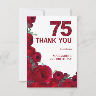 Carte De Remerciements 75e anniversaire élégant Fleurs rouges Numéro 75 A
