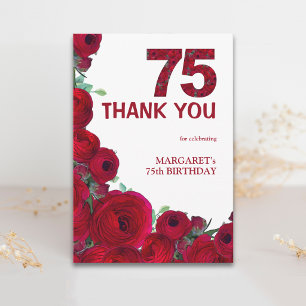 Carte De Remerciements 75e anniversaire élégant Fleurs rouges Numéro 75 A