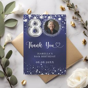 Carte De Remerciements 80e anniversaire marine bleu argent étoiles photo