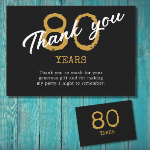 Carte De Remerciements 80e anniversaire Retro Noir et Or