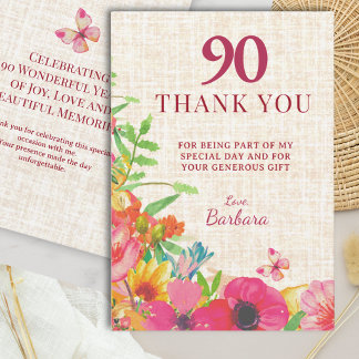 Carte De Remerciements 90e Anniversaire Bold Floral Linen Appreciation