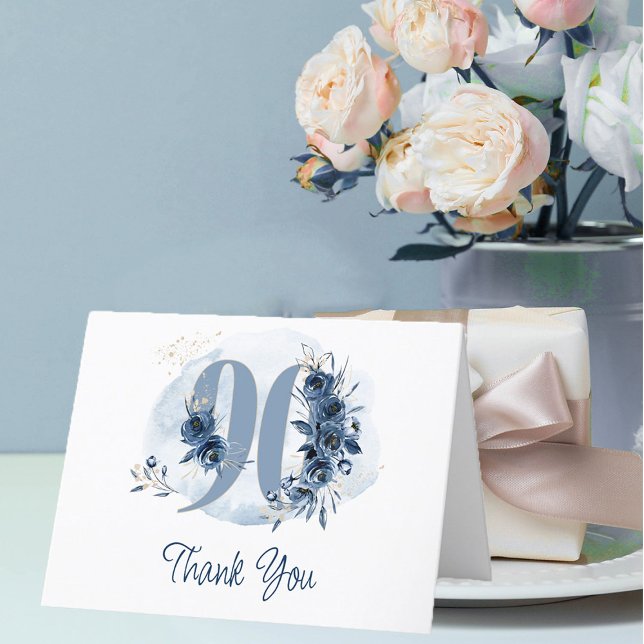 Carte De Remerciements 90e anniversaire Floral Numéro Côte Bleu (90th Birthday Thank You card from my Floral Number Birthday Party Collection)