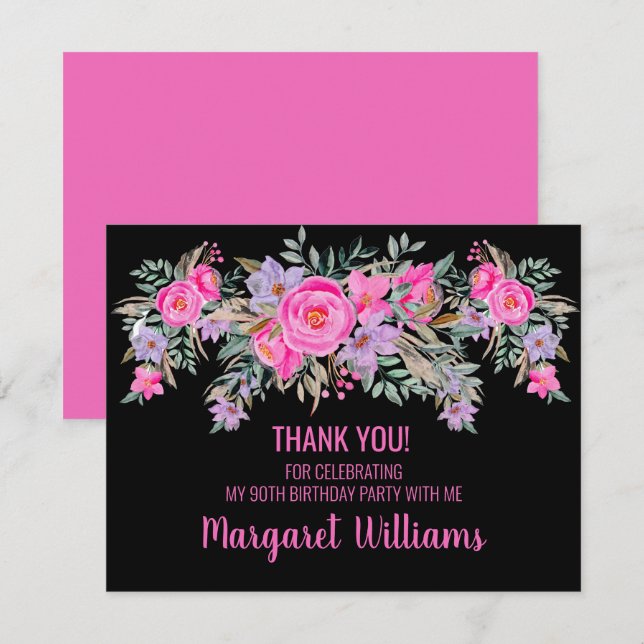 Carte De Remerciements 90e anniversaire noir rose floral (Devant / Derrière)