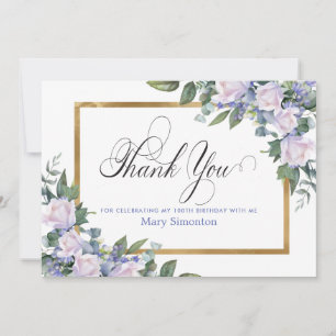 Carte De Remerciements 90e Anniversaire Rose Blanche Bleue Florale Person