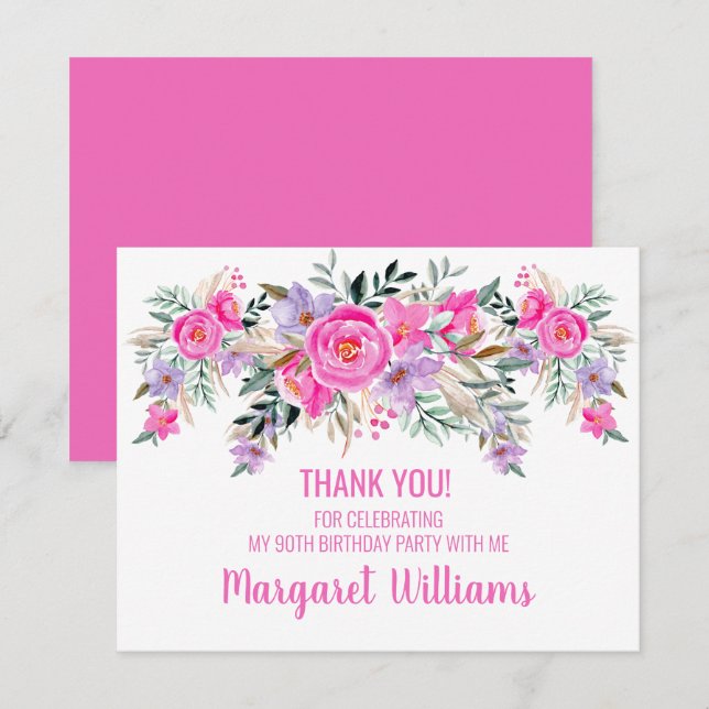 Carte De Remerciements 90e anniversaire rose floral (Devant / Derrière)