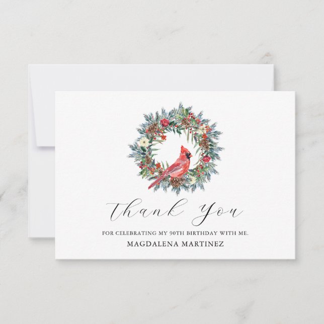 Carte De Remerciements 90th Birthday Red Cardinal Wreath Custom Flat (Devant)