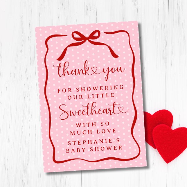 Carte De Remerciements A Little Sweetheart Pink Red Bow Girl Baby Shower (Créateur téléchargé)