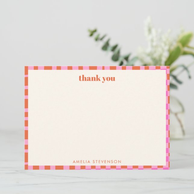 Carte De Remerciements Abstract Checker Pink Orange Custom Baby Shower (Debout devant)