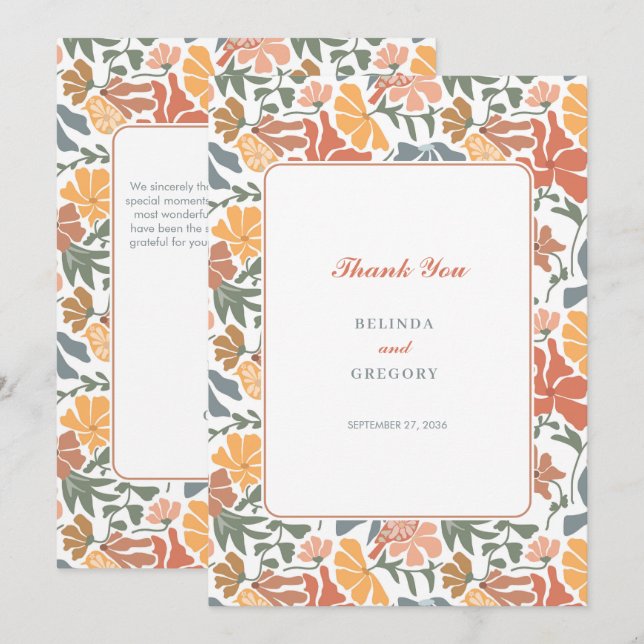 Carte De Remerciements Abstrait Floral & Oiseaux Mi-siècle Mariage modern (Devant / Derrière)