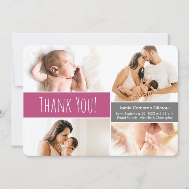 Carte De Remerciements Accueil Bébé Fille Photo Collage rose (Devant)