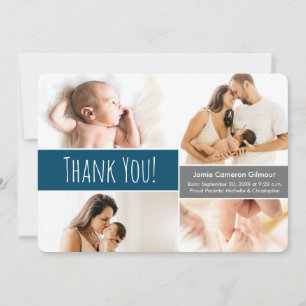 Carte De Remerciements Accueil Bébé garçon Photo Collage bleu foncé