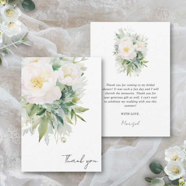 Carte De Remerciements Adieu de Fille Spanish Enterrement de Vie de Jeune (This elegant bridal shower thank you card features a neutral white floral color palette)