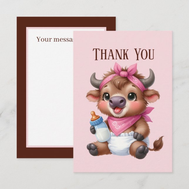 Carte De Remerciements adorable bébé ajouter le message fille vache Highl (Devant / Derrière)
