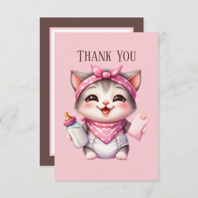 Carte De Remerciements adorable bébé ajouter message fille chat (Devant / Derrière)