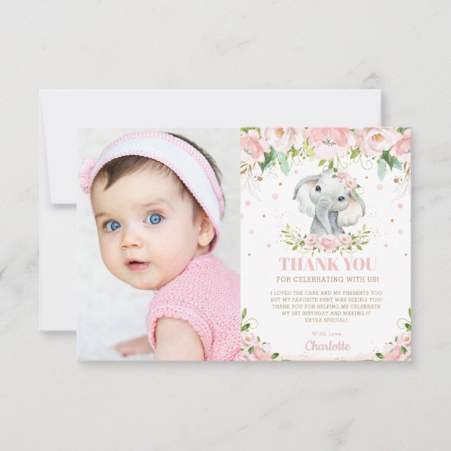 Carte De Remerciements Adorable Eléphant rose Floral Girl 1er anniversair (Devant)