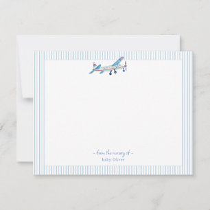 Carte De Remerciements Aéronef à l'aquarelle Garçon bébé bordure bleue et