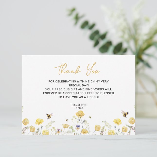 Carte De Remerciements Afficher Douche Fleur sauvage Floral Miel Bee (Debout devant)