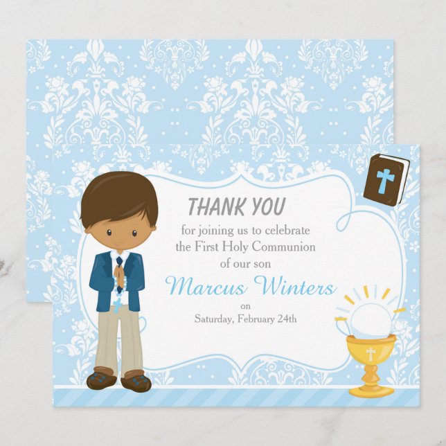 Carte De Remerciements African American Boy First Communion Damask (Devant / Derrière)