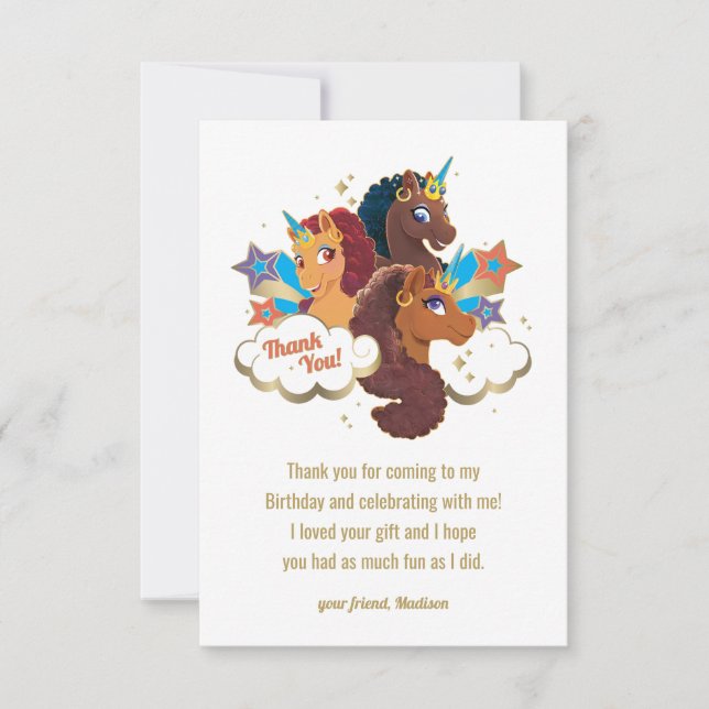 Carte De Remerciements Afro Licorne | Anniversaire des Filles Magiques (Devant)