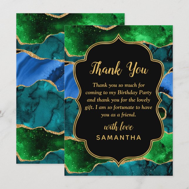 Carte De Remerciements Agate de paon bleu et vert Anniversaire (Devant / Derrière)