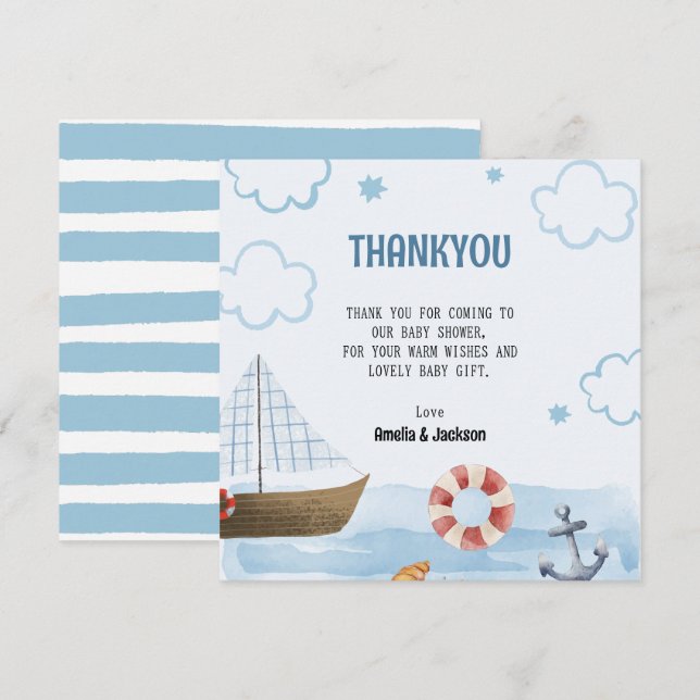 Carte De Remerciements Ahoy c'est un baby shower de voilier bleu garçon (Devant / Derrière)
